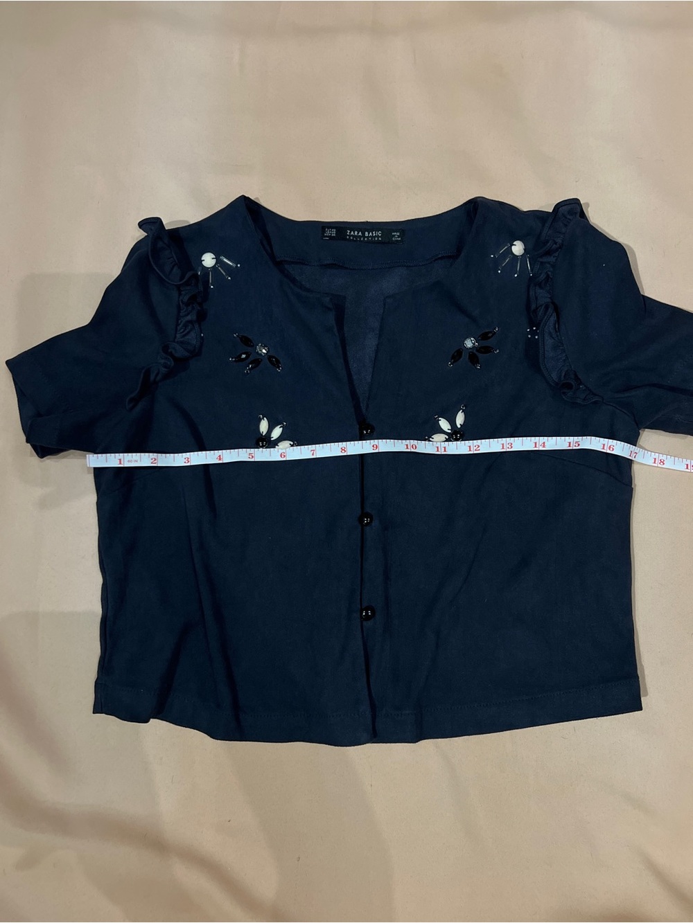 Zara Basic Top XS Black Faux Suede Beaded Ruffle Short Sleeve Coquette Blouse - Picture 6 of 8